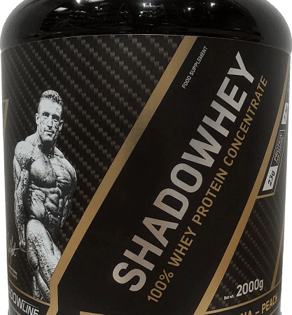 Pot de protéine whey, banane-pêche, musculation.