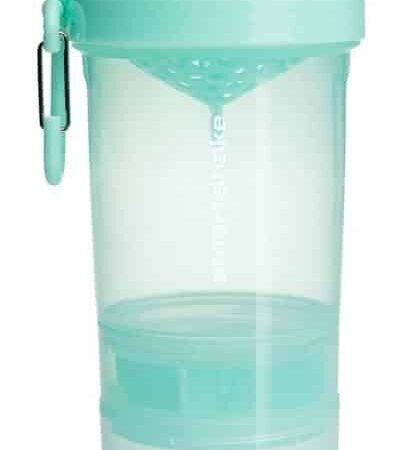 Gourde turquoise avec compartiment et mélangeur intégré.