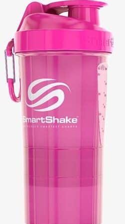 Shaker SmartShake rose pour sportifs avec mesures graduées.
