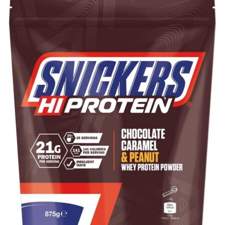 Poudre protéinée Snickers chocolat, caramel et cacahuète.