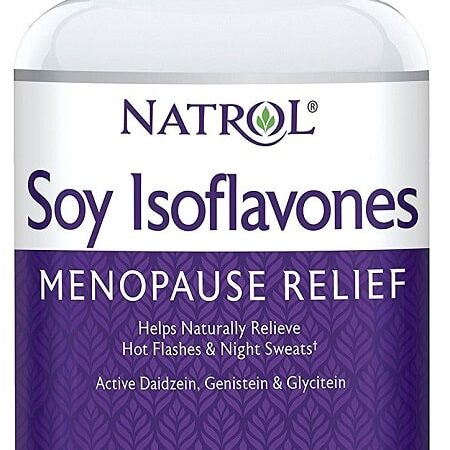 Flacon de compléments isoflavones de soja, soulagement ménopause.