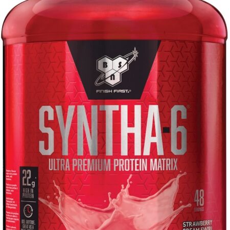 Pot de protéines Syntha-6 fraise, musculation.