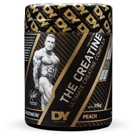 Pot de créatine pêche, complément nutritionnel, musculation.