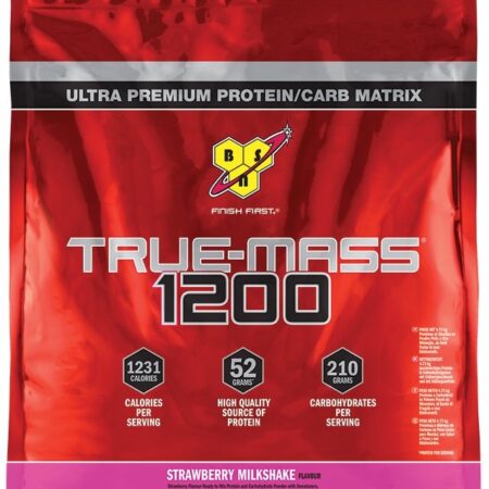 Sachet de protéine True-Mass 1200 goût fraise.