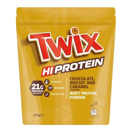Poudre protéinée Twix goût chocolat, biscuit, caramel.