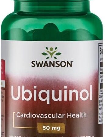 Pot de supplément Ubiquinol 50mg pour santé cardiovasculaire.