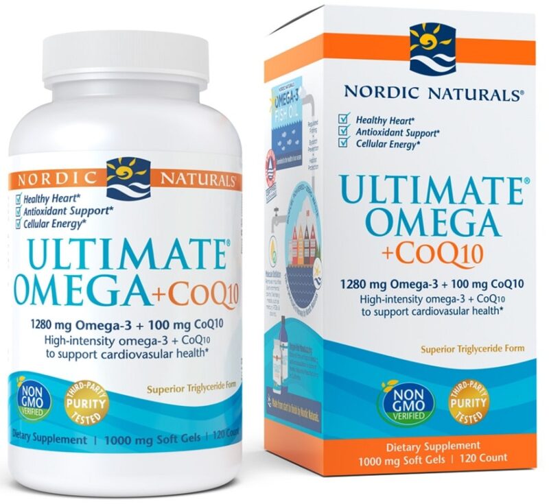 Compléments Oméga-3 et CoQ10 pour la santé cardiaque.