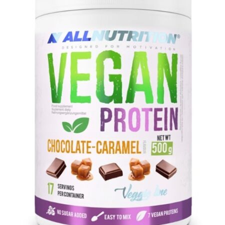 Pot de protéines véganes chocolat-caramel 500g.