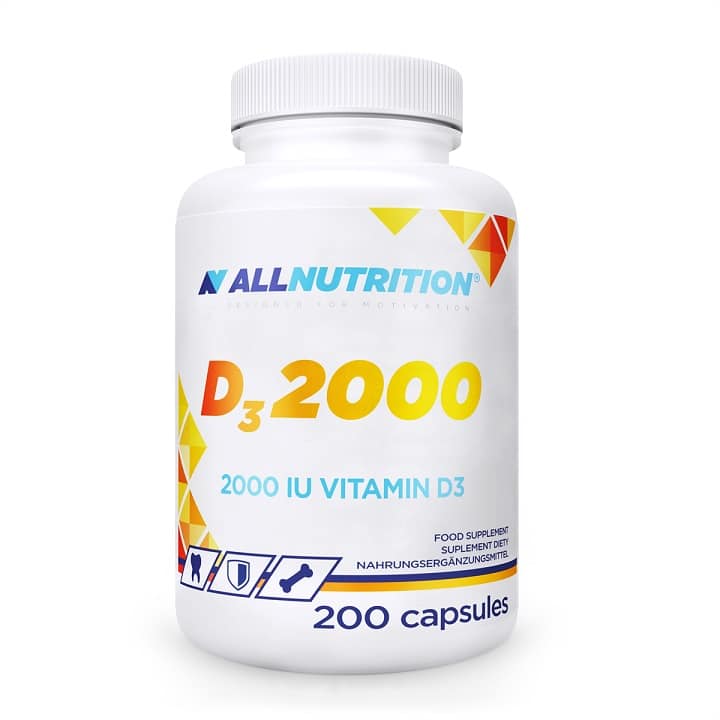 Pot de vitamines D3, 2000 UI, complément alimentaire.