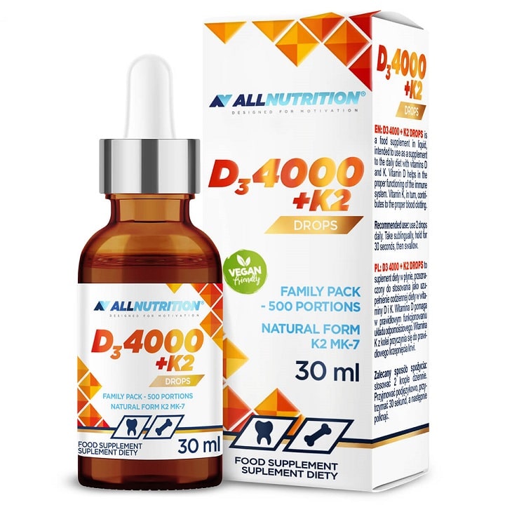 Gouttes de vitamines D3+K2, complément alimentaire végan.