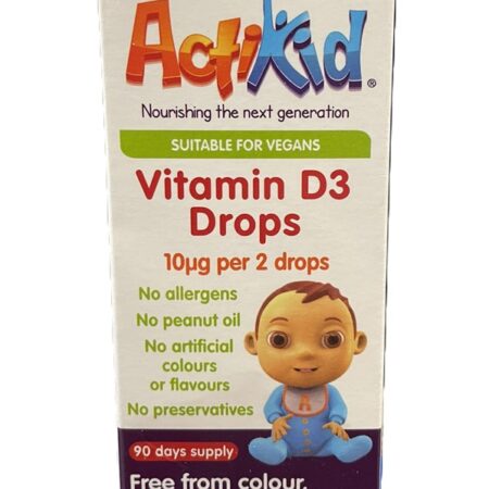 Supplément alimentaire ActiKid, gouttes de vitamine D3 vegan.
