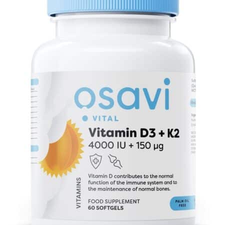 Flacon suppléments Vitamine D3+K2, santé osseuse.