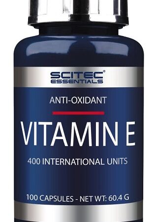 Pot de vitamine E, complément alimentaire antioxydant.