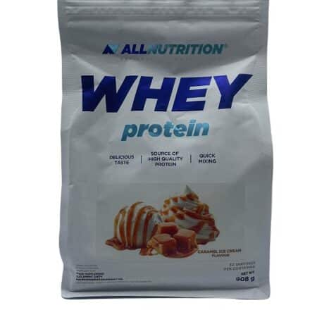 Paquet de whey protein saveur caramel.