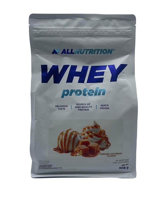 Paquet de whey protein saveur caramel.