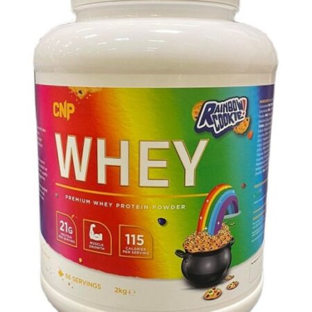 Pot de protéine whey, saveur Rainbow Cookie.