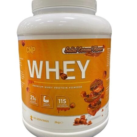 Pot de protéine whey caramel salé.