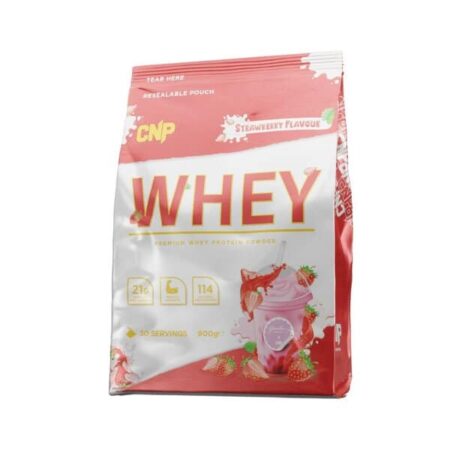 Sachet de protéine whey fraise pour musculation.