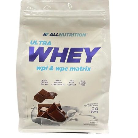 Poudre de protéine whey, goût chocolat, sans gluten.
