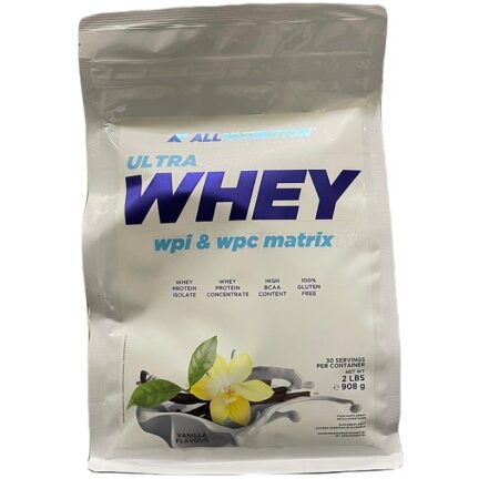 Paquet de protéines whey vanille.