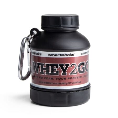Pot de protéine Whey2Go noir avec porte-clés.