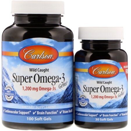Supplément alimentaire Omega-3 Carlson en flacons.