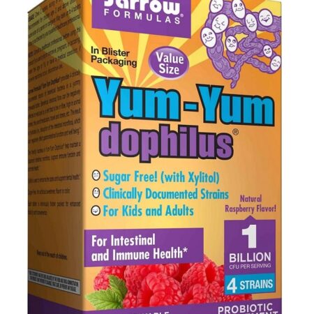 Complément probiotique sans sucre Yum-Yum Dophilus, saveur framboise.
