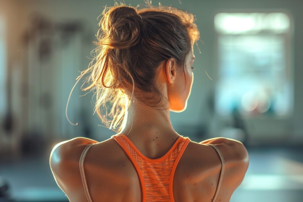"Personne effectuant un étirement du grand dorsal avec une bande élastique pour soulager la douleur, démontrant une technique décrite dans l'article."