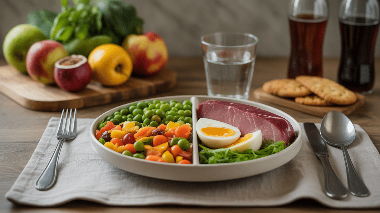 Assiette équilibrée aliments perte de poids durable légumes protéines féculents