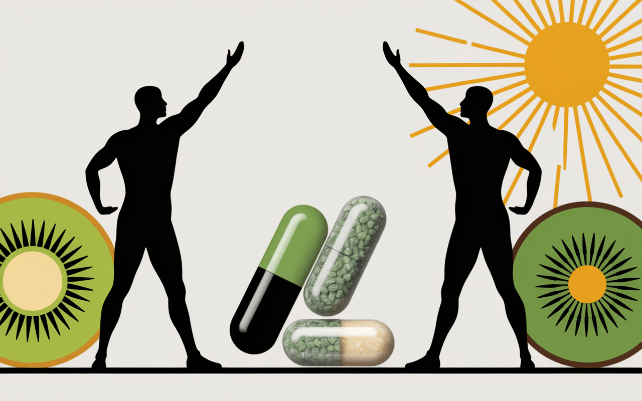 Silhouettes symbole vitamine C et D, fruits, soleil