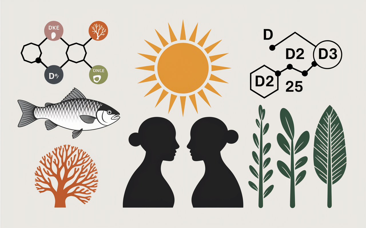 Tableau sources vitamine D D2 D3, schéma molécules, poissons, champignons, lichen, silhouettes soleil végétaux