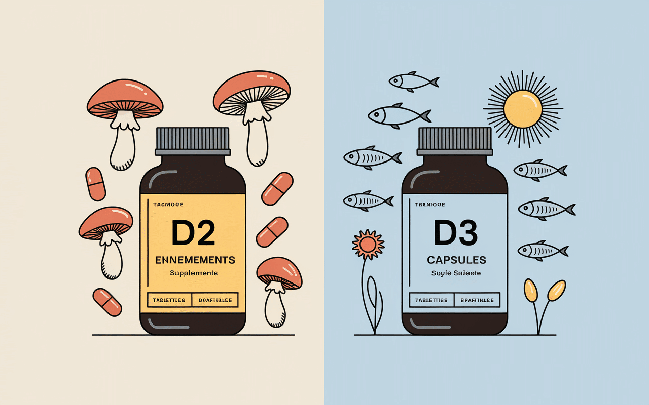 Flacons vitamine D2 D3 avec champignons poisson soleil