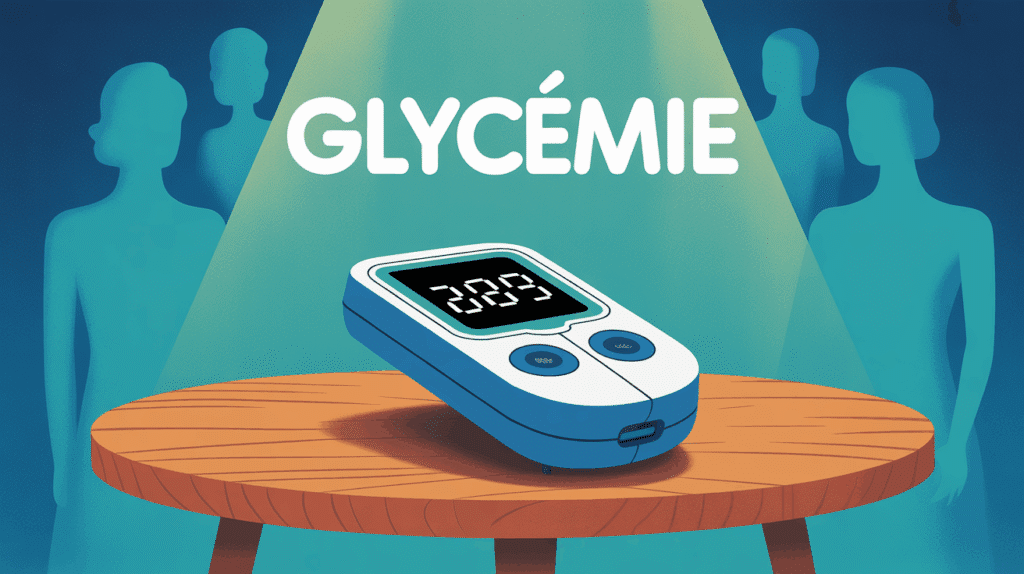 illustration lecteur glycemie avec courbe colorée sur table