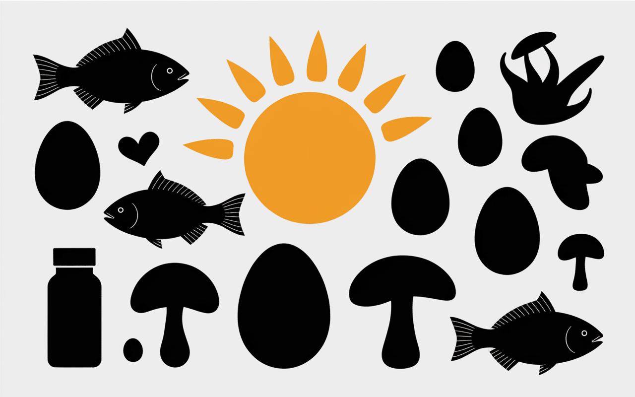 Aliments sources de vitamine D : illustration entonnoir soleil, poissons, oeufs