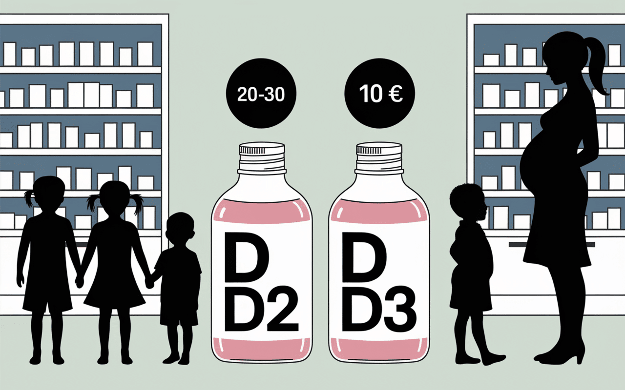 Groupes vegans enfants femme enceinte, flacons D2 D3 pharmacie, prix 20 30 euros 10 euros