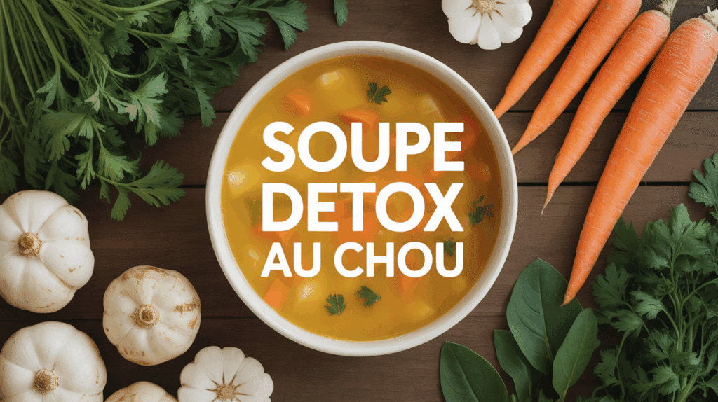 Bol de soupe detox au chou et legumes frais sur table bois