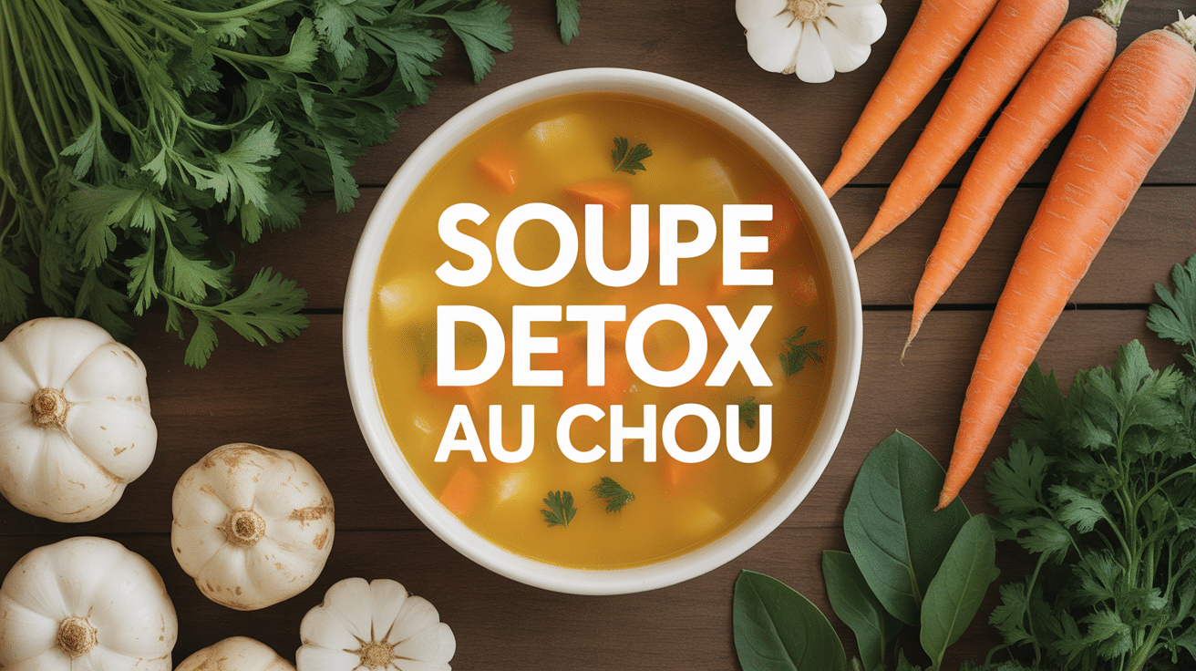 Bol de soupe detox au chou et legumes frais sur table bois