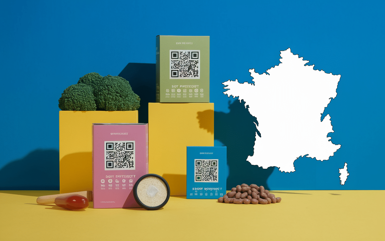 Scène traçabilité whey isolate native, QR code, labels certification