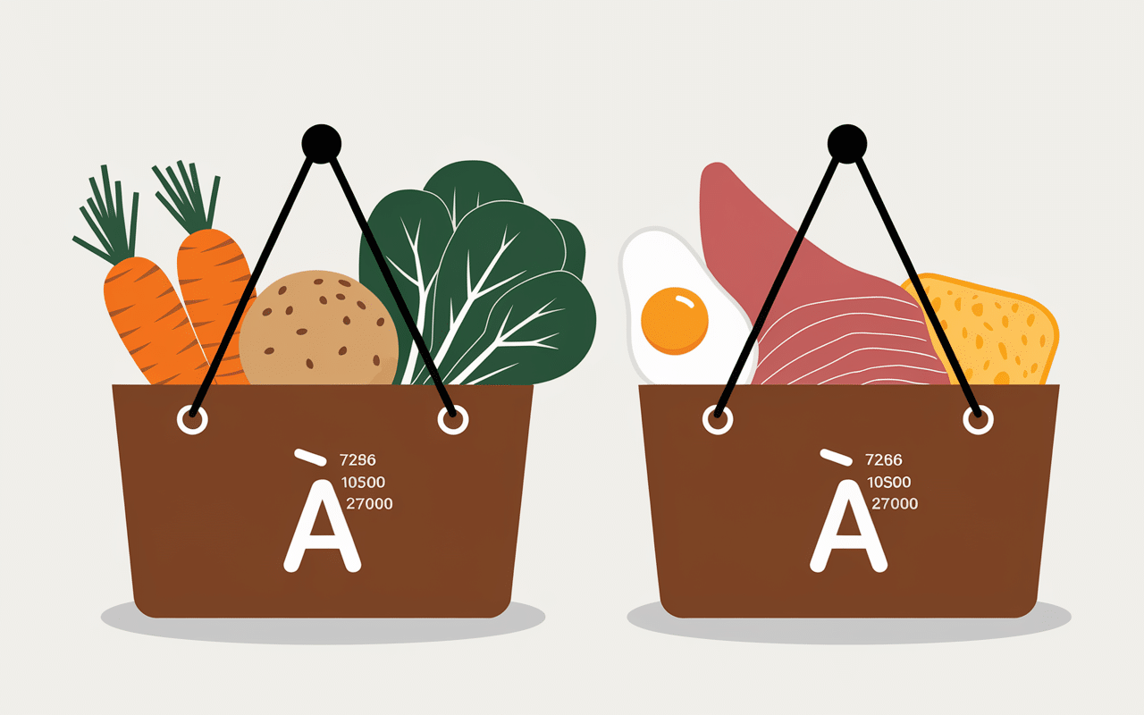illustration paniers aliments vitamine A carotte patate douce foie oeuf chiffres