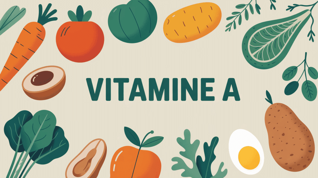 table colorée aliments vitamine A carotte patate douce épinards abricot foie oeuf