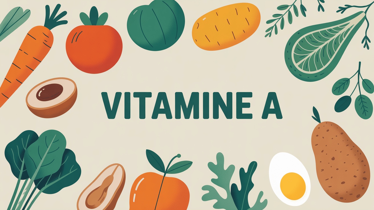 table colorée aliments vitamine A carotte patate douce épinards abricot foie oeuf