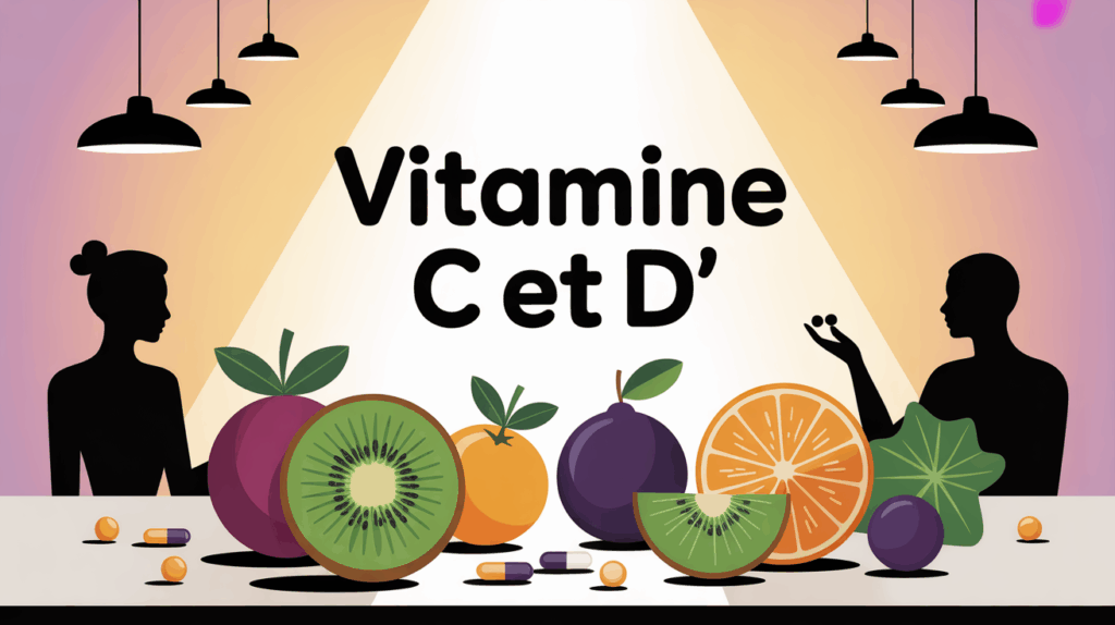 Scène avec vitamine C, vitamine D, fruits et soleil