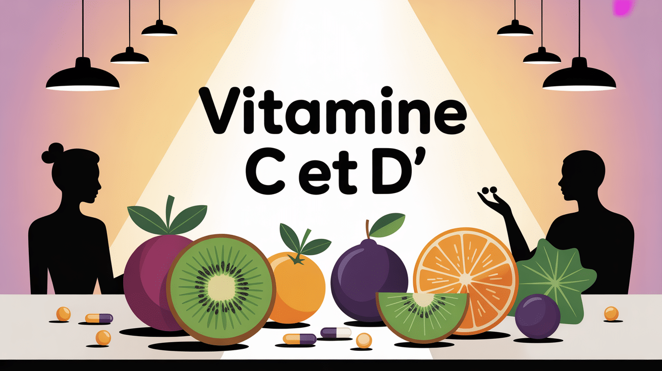 Scène avec vitamine C, vitamine D, fruits et soleil