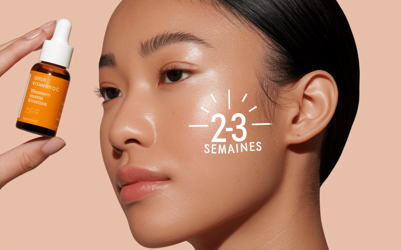 Serum vitamine C appliqué le soir, peau lumineuse, délai 2-3 semaines
