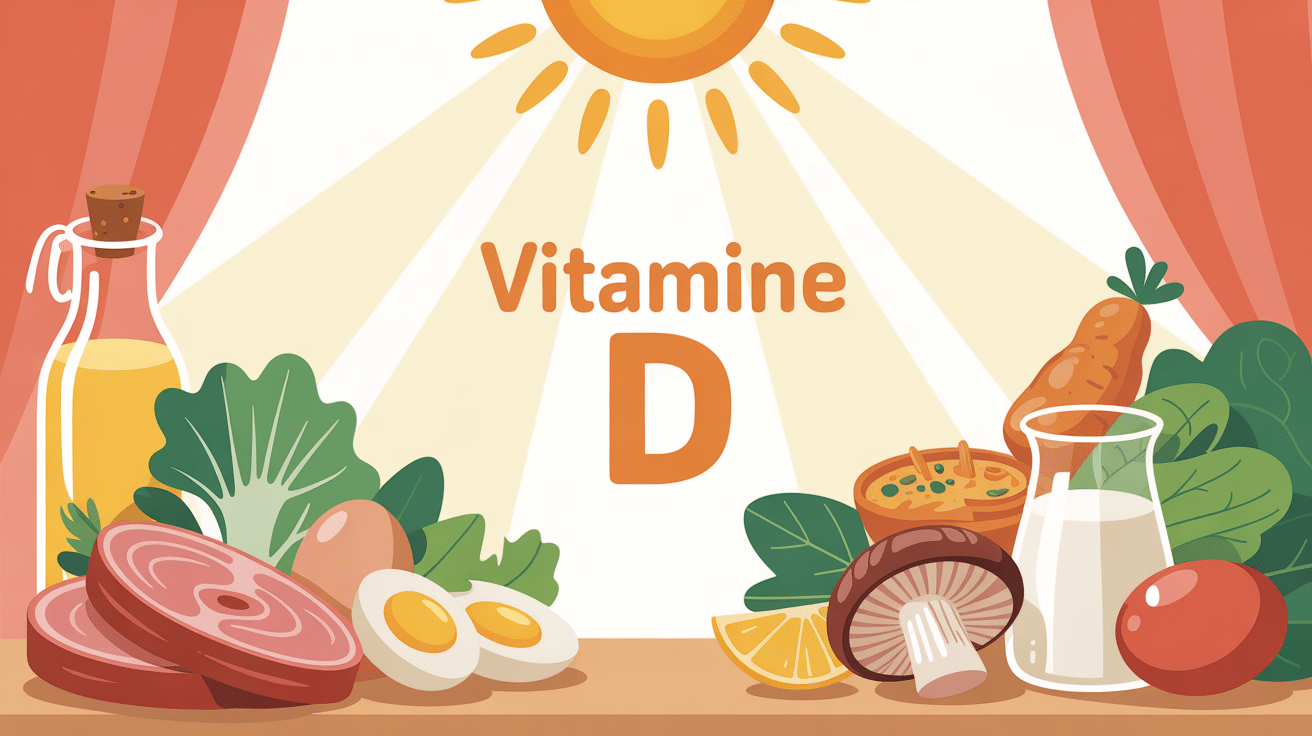 Illustration de vitamine D : soleil, saumon, oeufs, champignons, lait