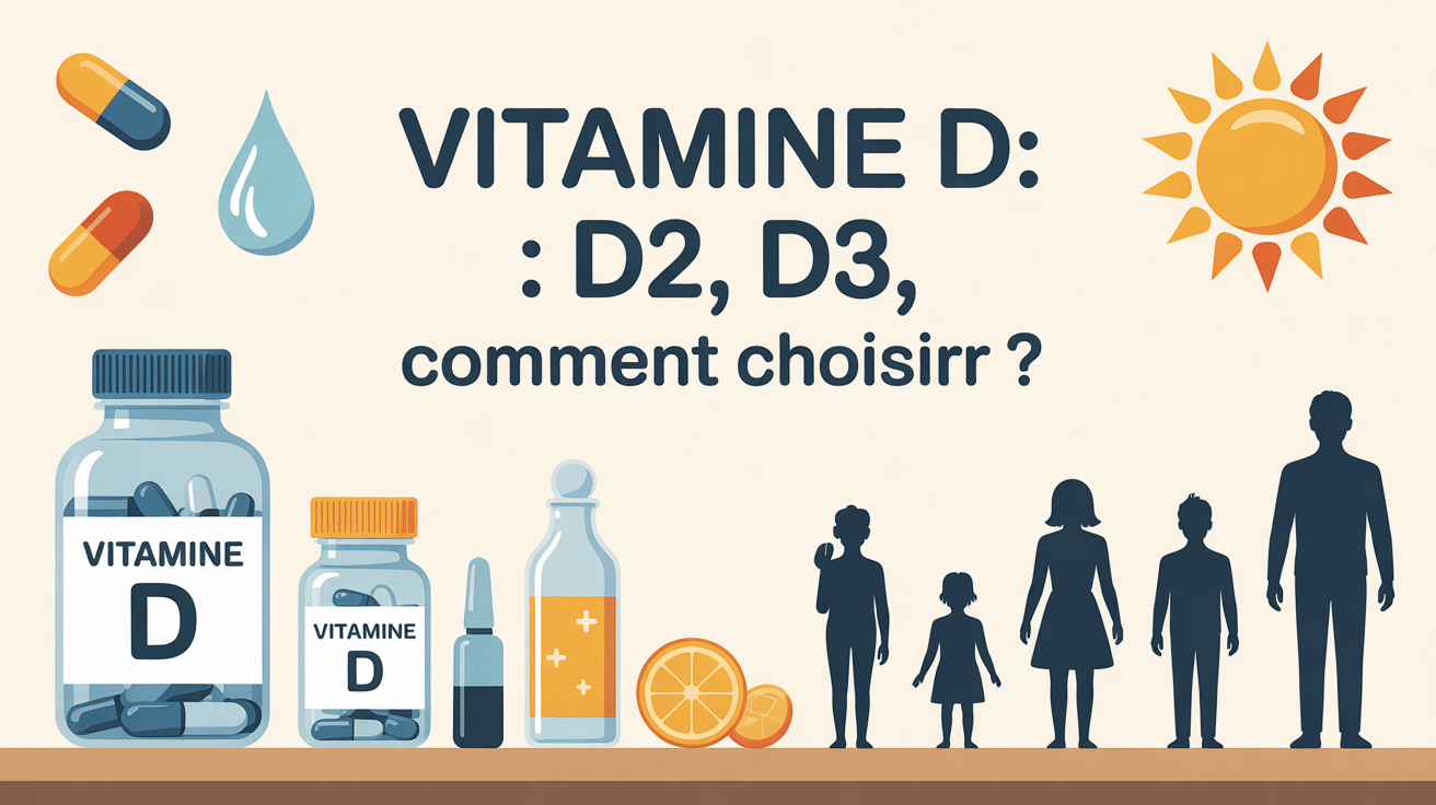 Flacons vitamine D D3 D2 sur table, capsules, gouttes, soleil en arrière-plan, silhouettes adultes enfants