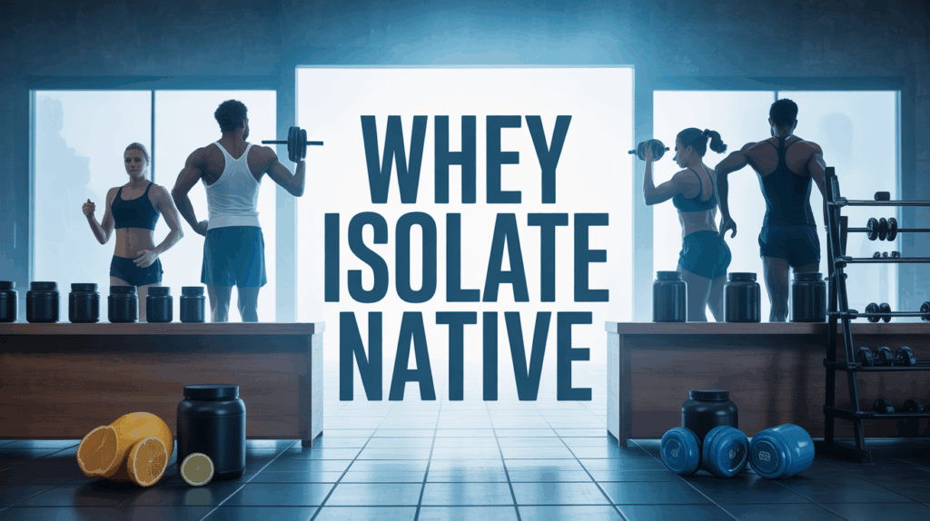Visuel whey isolate native comptoir, sportif, pots, ambiance dynamique