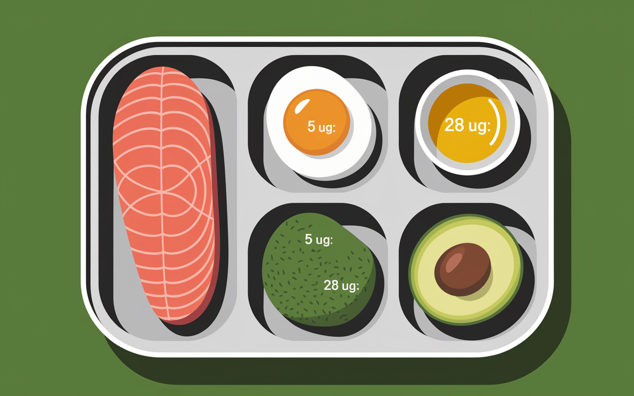 Assiette saumon champignons oeuf huile avocat vitamine D