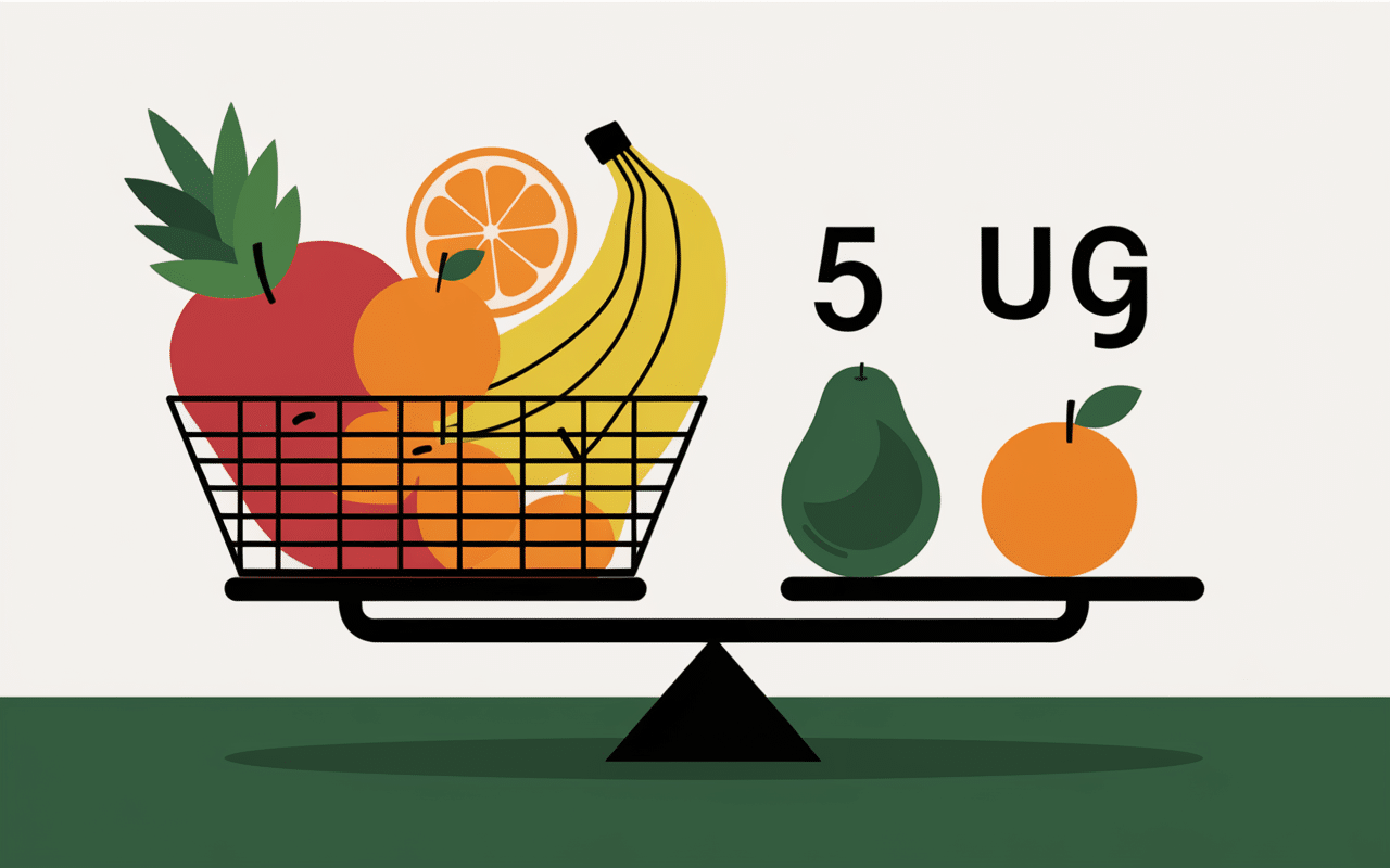 Panier fruits et avocat sur balance apport vitamine D