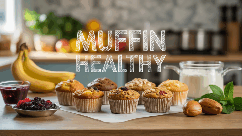 Muffins healthy variés sur table, ingrédients naturels, titre Muffin Healthy